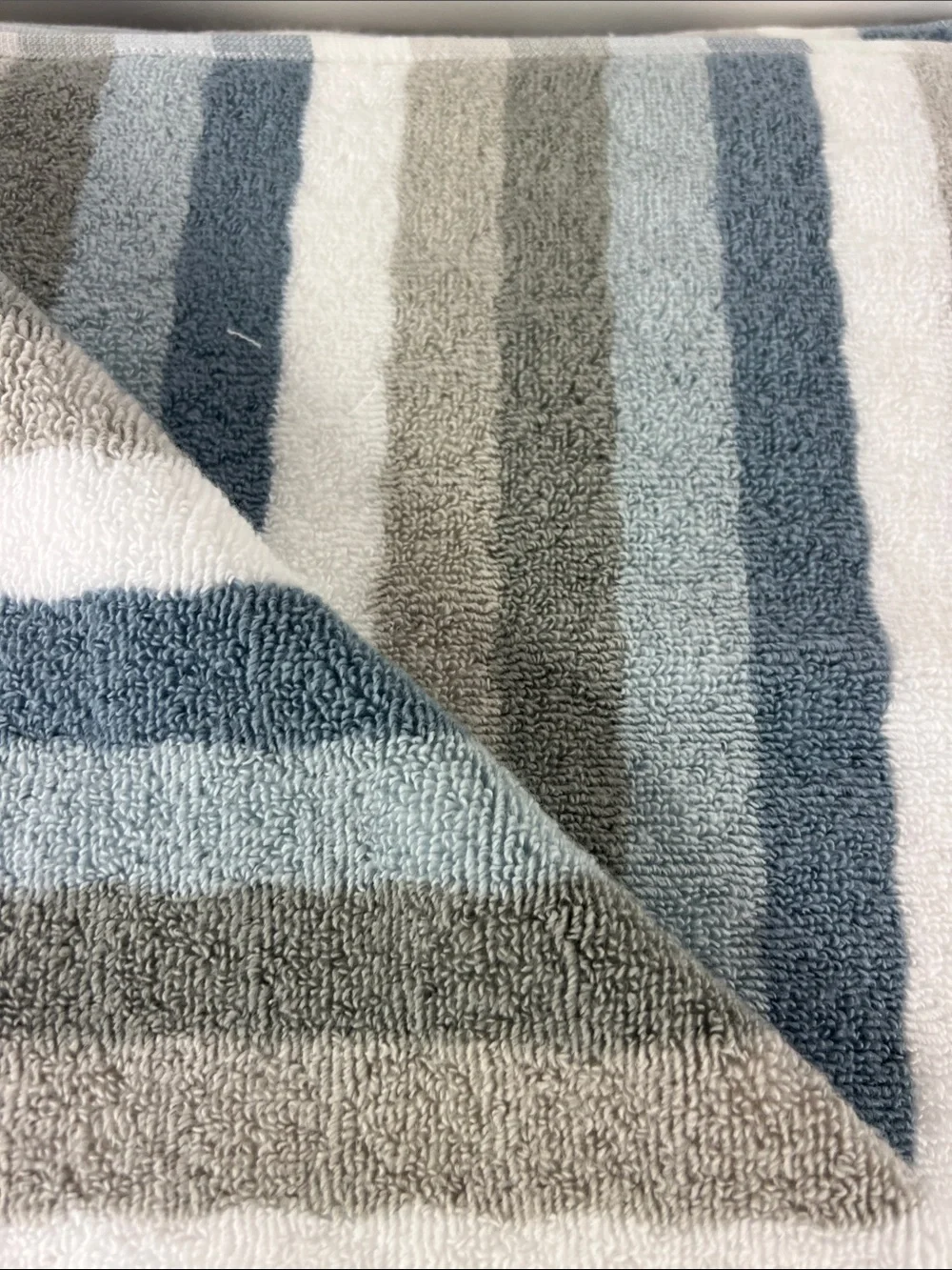 Soho Living Bath Towels in Blue, Gray, White Striped Zero Twist Cotton 2 Pc NEW